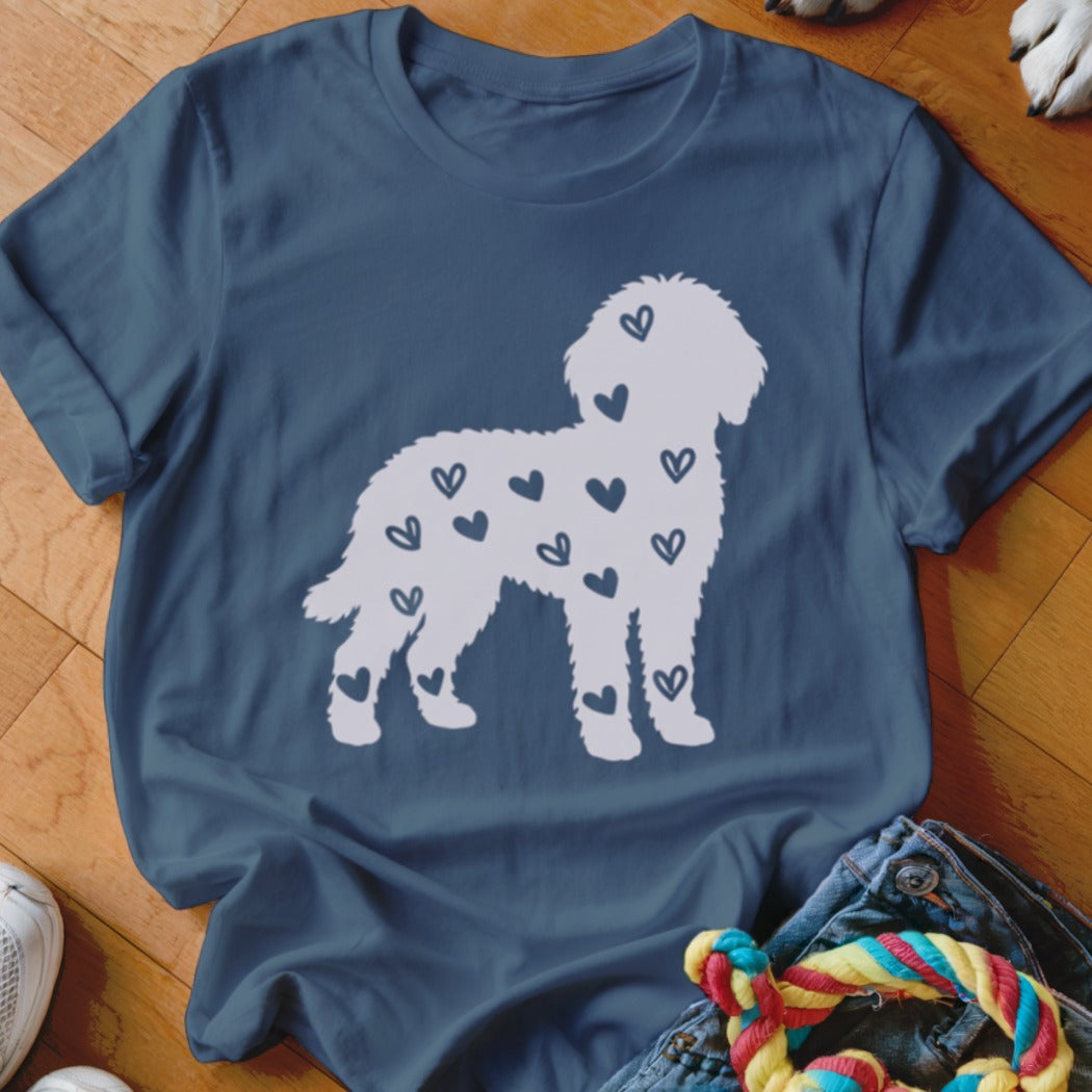 Blue t-shirt with white poodle silhouette filled with small hearts.