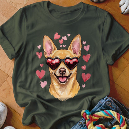 Dark green t-shirt featuring a graphic of a smiling Chihuahua wearing heart-shaped sunglasses, surrounded by pink hearts.
