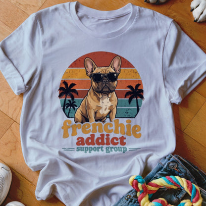 A white t-shirt featuring a retro graphic of a French bulldog wearing sunglasses against a sunset.