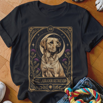 Black t-shirt featuring a tarot card graphic of a yellow Labrador Retriever surrounded by thistles and a crescent moon.