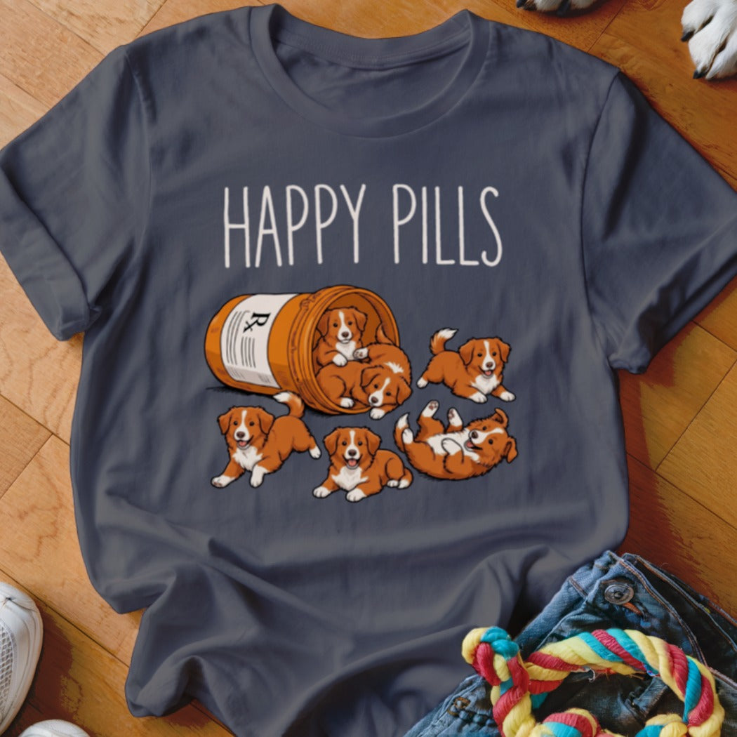 Happy Pills text above a pill bottle spilling out cute puppies.