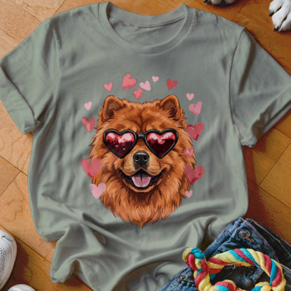 Sage green t-shirt featuring a fluffy brown chow chow dog wearing heart-shaped sunglasses surrounded by floating pink hearts.