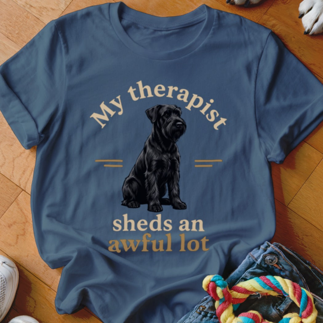 Blue t-shirt with black dog graphic and text "My therapist sheds an awful lot".