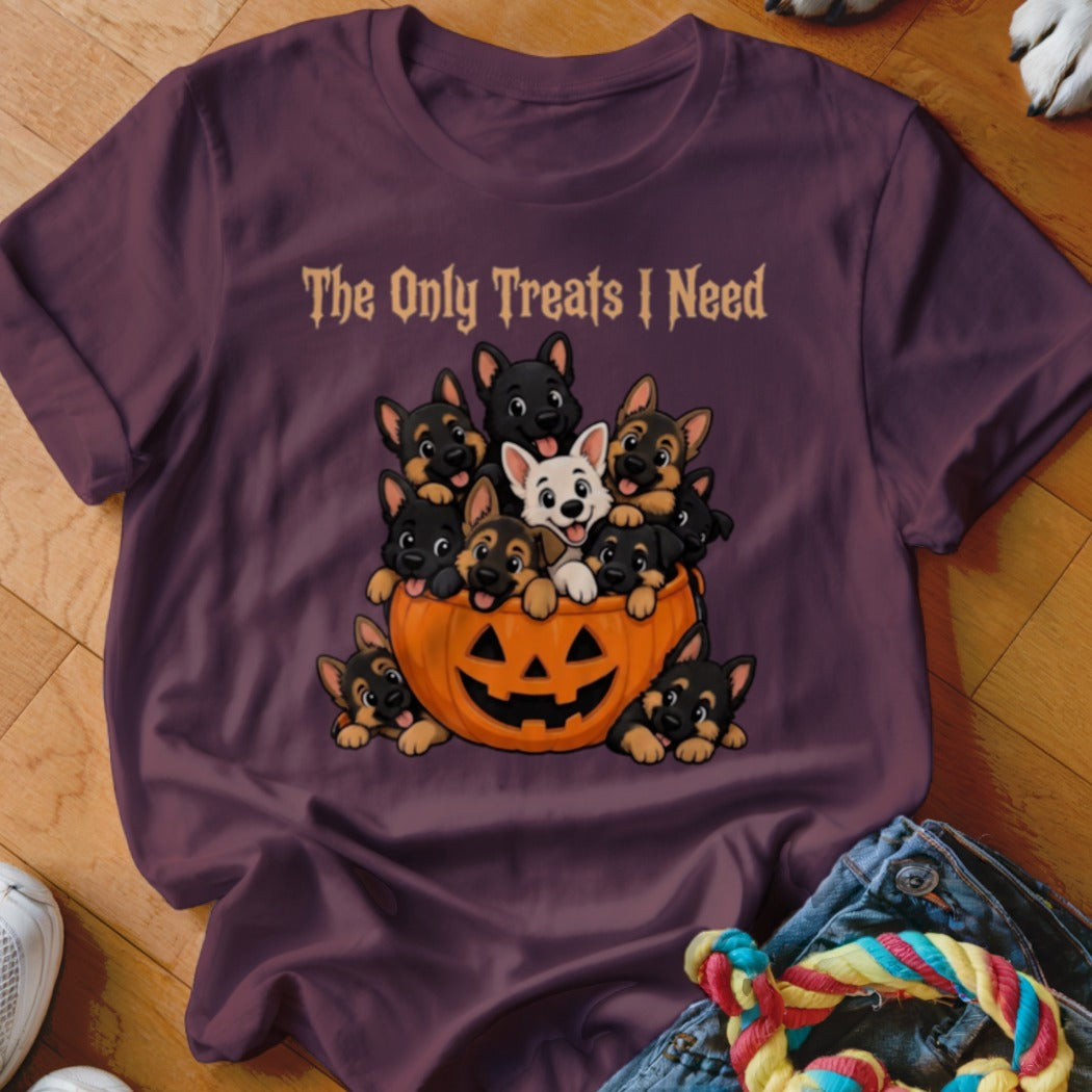 German Shepherd puppies in a pumpkin with text "The Only Treats I Need".