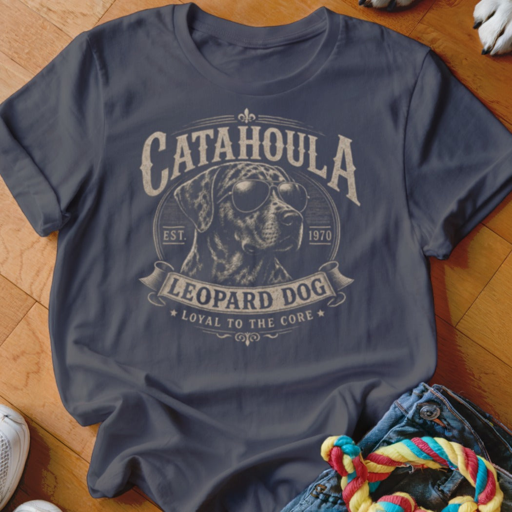 Catahoula Leopard Dog graphic t-shirt with dog wearing sunglasses.