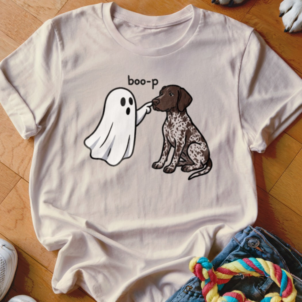 T-shirt with cartoon ghost "boop-ing" a brown and white spotted dog.