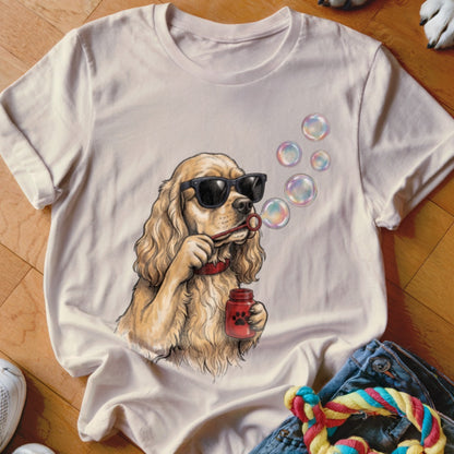 Beige t-shirt featuring a cartoon illustration of a dog wearing sunglasses and blowing bubbles.
