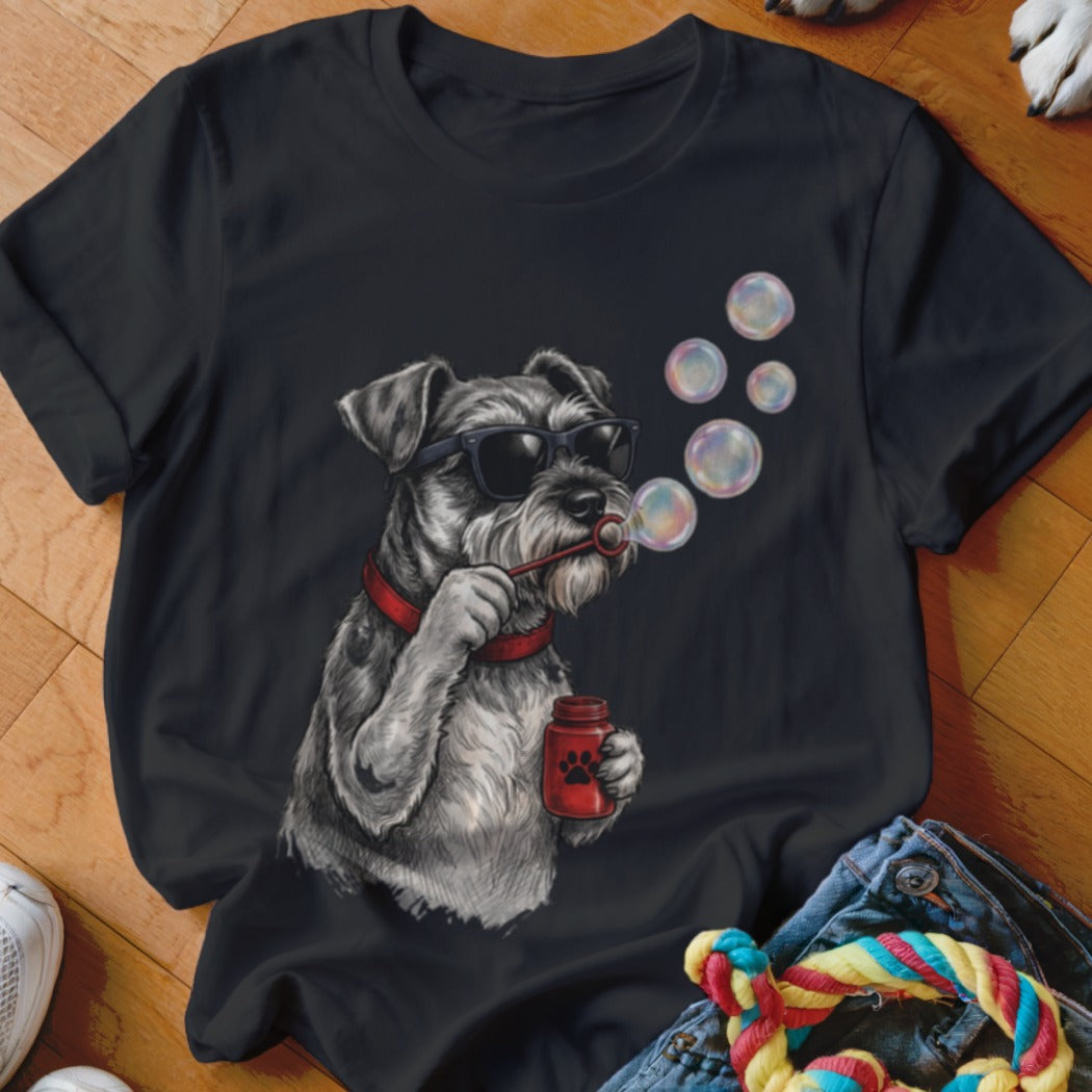 Black t-shirt featuring a graphic of a Schnauzer wearing sunglasses, blowing bubbles.