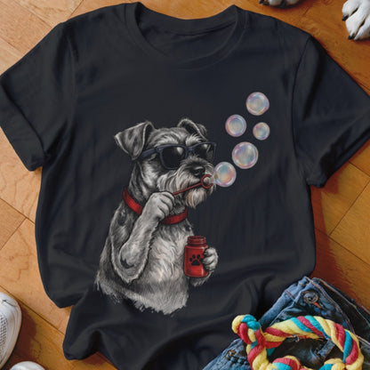 Black t-shirt featuring a graphic of a Schnauzer wearing sunglasses, blowing bubbles.