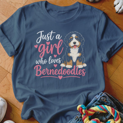 Navy t-shirt with "Just a girl who loves Bernedoodles" and a Bernedoodle puppy graphic.
