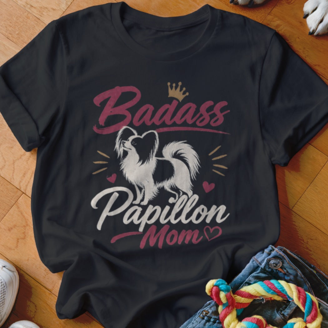 Black t-shirt with "Badass Papillon Mom" text and a dog graphic.