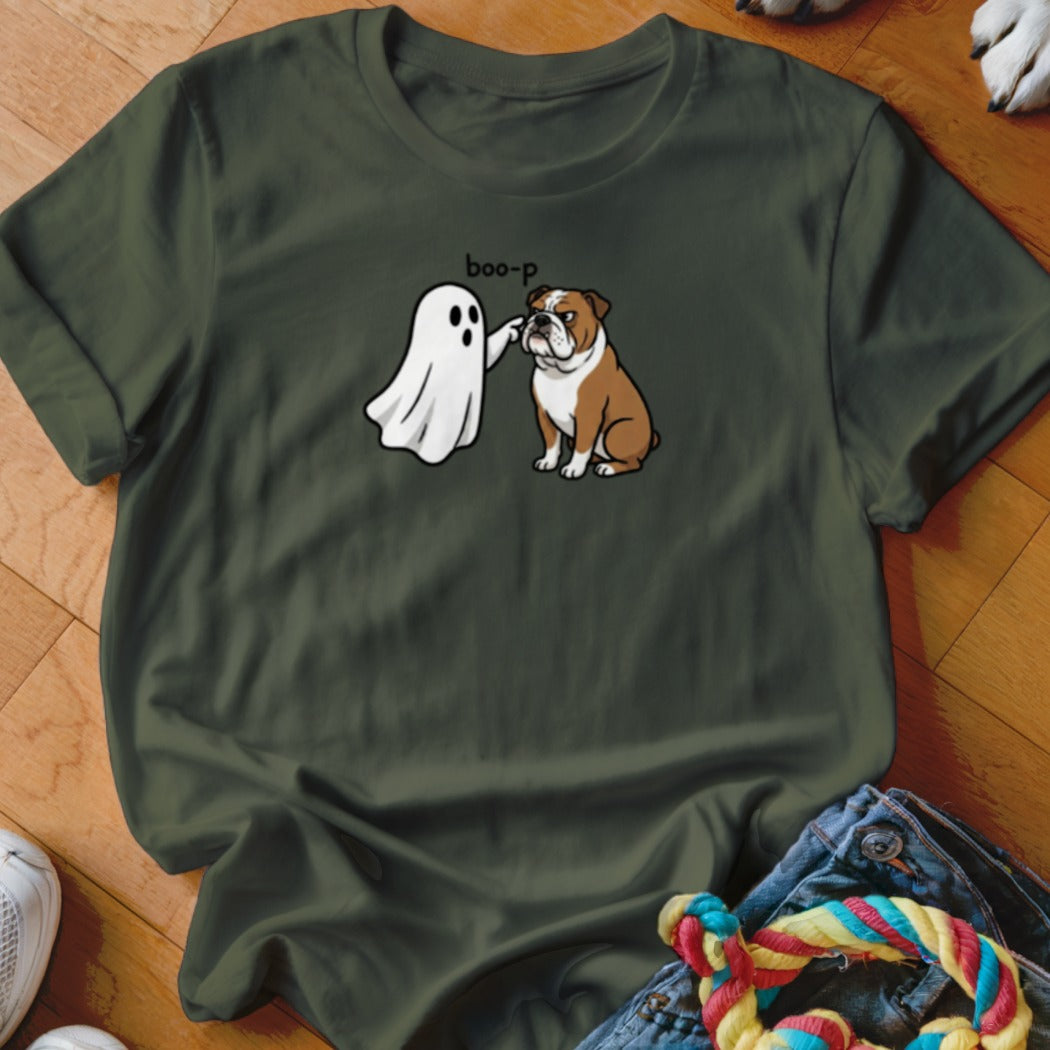 Ghost booping an English bulldog with the text "boo-p" on a dark green t-shirt.