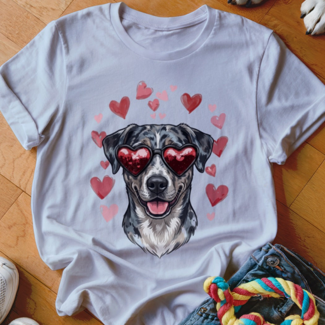 White t-shirt featuring an illustration of a dog wearing heart-shaped sunglasses surrounded by floating red hearts.