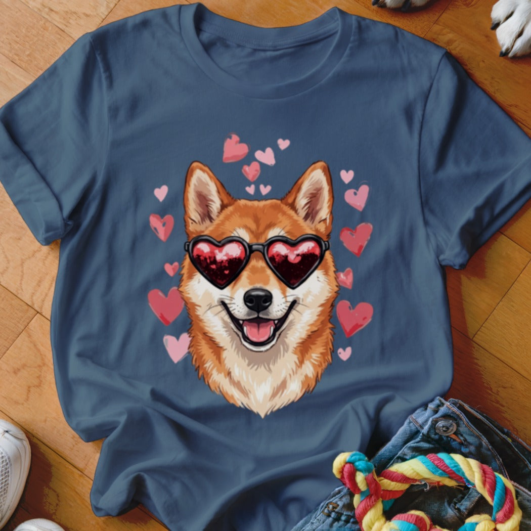 Navy blue t-shirt featuring a graphic of a smiling Shiba Inu wearing heart-shaped sunglasses surrounded by pink hearts.