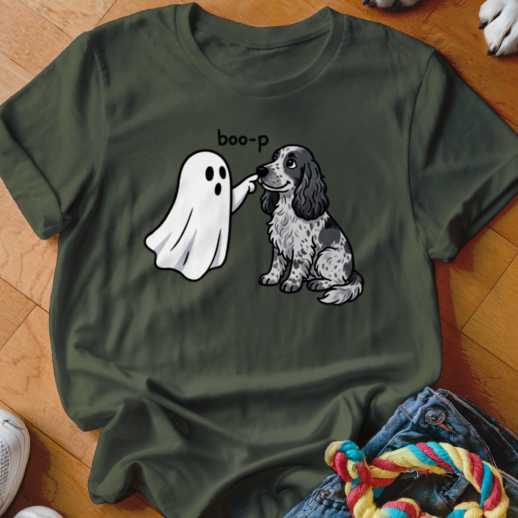 Ghost boops dog with text "boo-p" on a dark green t-shirt.