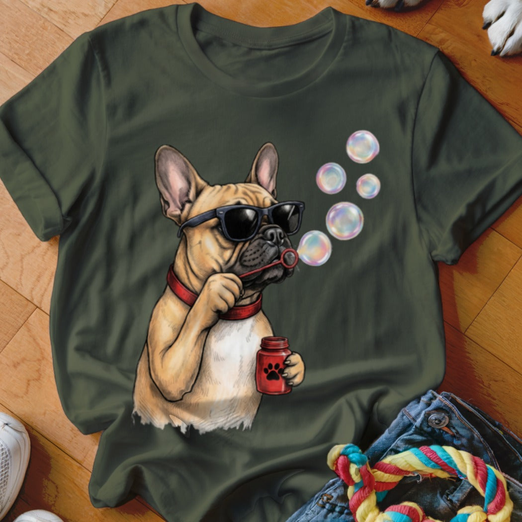 Dark green t-shirt featuring a graphic of a French Bulldog wearing sunglasses and blowing bubbles.