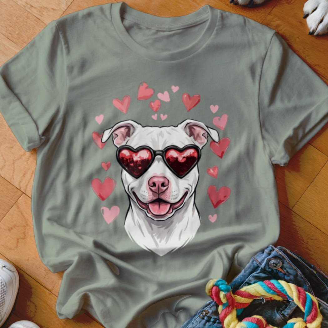 Sage green t-shirt featuring a graphic of a smiling white pit bull wearing heart-shaped sunglasses surrounded by pink hearts.