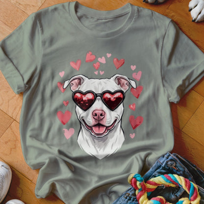 Sage green t-shirt featuring a graphic of a smiling white pit bull wearing heart-shaped sunglasses surrounded by pink hearts.