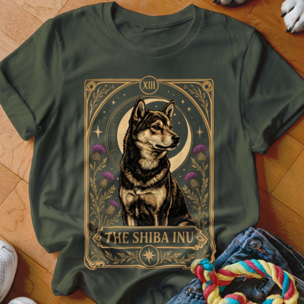 Dark green t-shirt featuring a tarot-style graphic of a Shiba Inu, moon, and purple flowers.