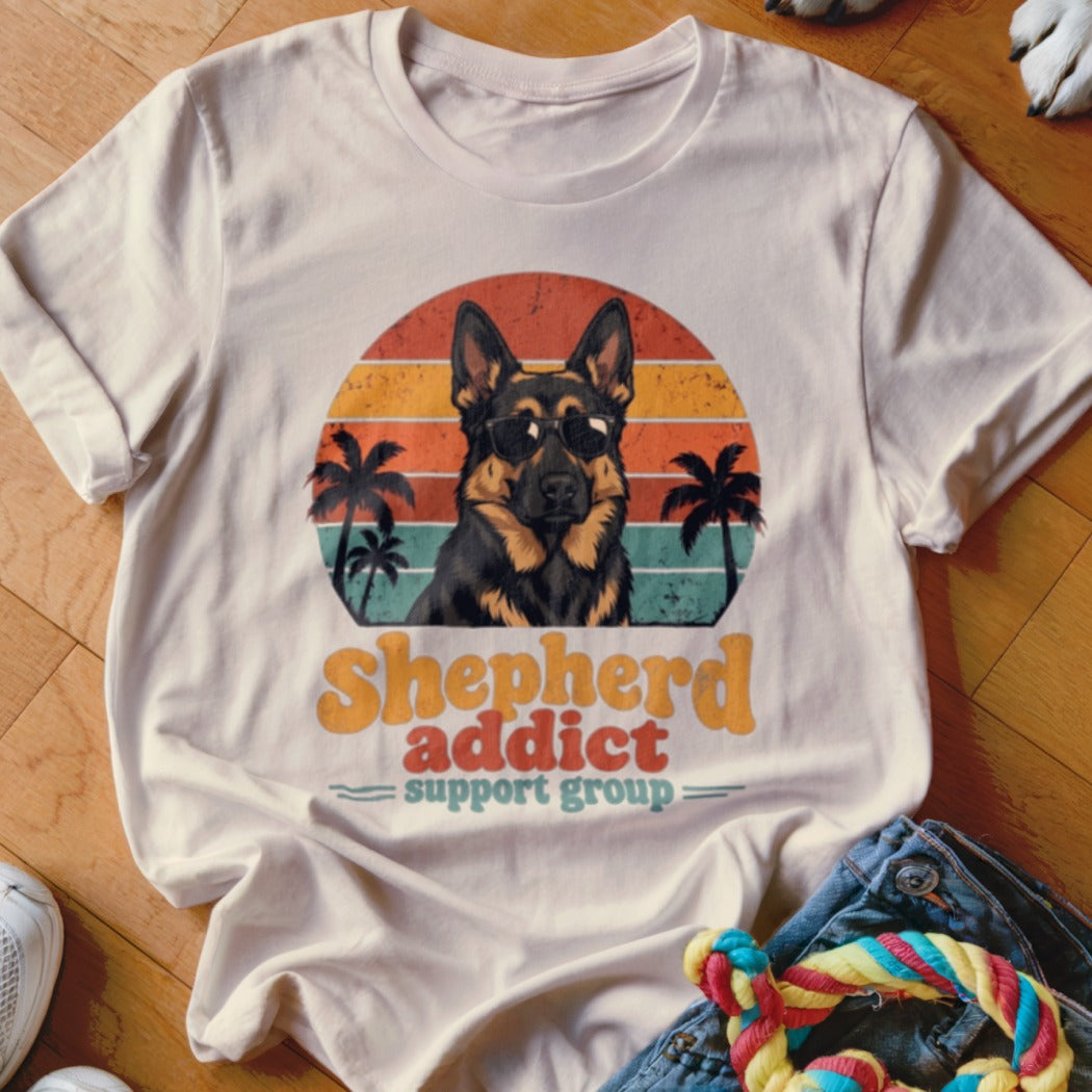 Light-colored t-shirt featuring a German Shepherd graphic with sunglasses, palm trees, and retro sunset stripes.