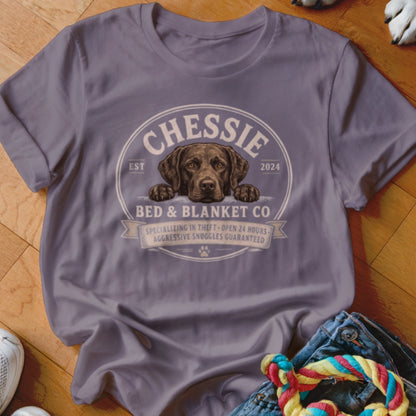 T-shirt with Chessie Bed & Blanket Co. logo featuring a brown dog.