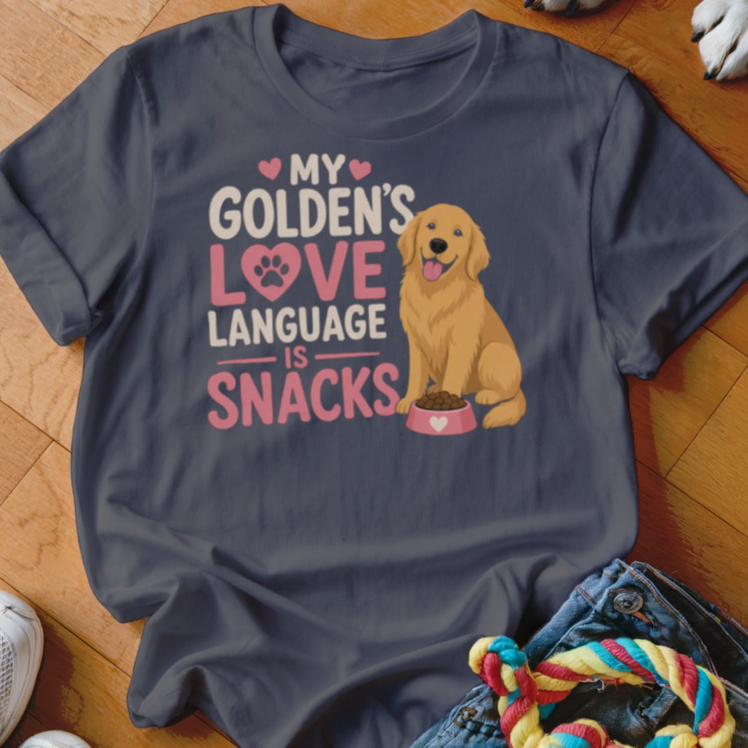Dark grey t-shirt with text "My Golden's Love Language Is Snacks" and illustration of a golden retriever.