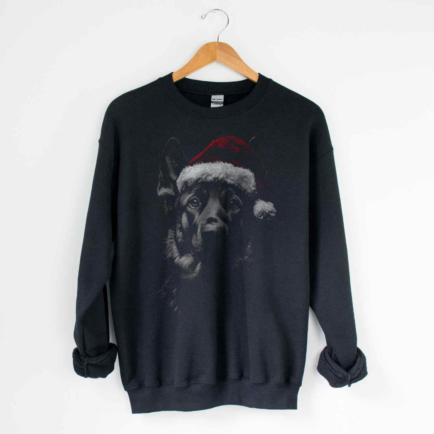Black Sweatshirt with Dog in Santa Hat Design