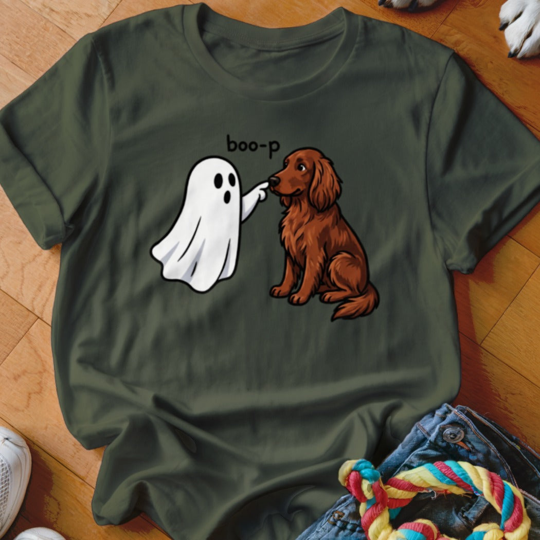 A ghost boops a brown dog's nose with the text "boo-p".
