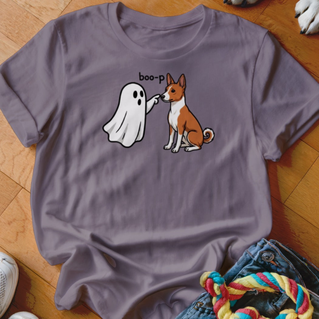 Ghost booping a brown and white dog with "boo-p" text above.