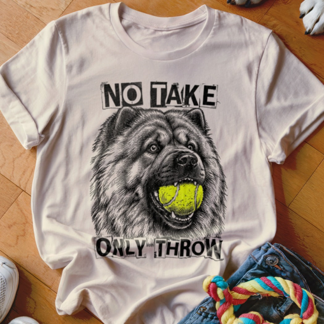 White t-shirt with graphic of a dog holding a tennis ball and text "NO TAKE ONLY THROW".