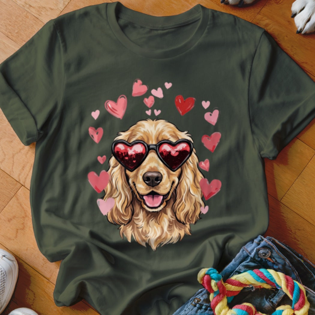 Dark green t-shirt featuring an illustration of a golden cocker spaniel wearing heart sunglasses, surrounded by pink and red hearts.