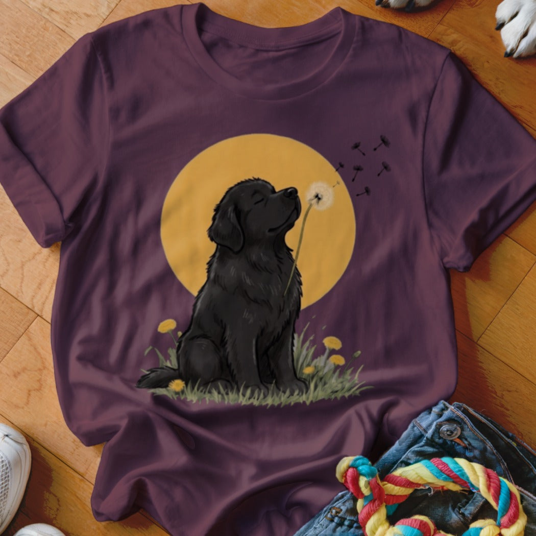 Dark purple t-shirt featuring a graphic of a black dog sitting in grass before a yellow moon, blowing dandelion seeds.