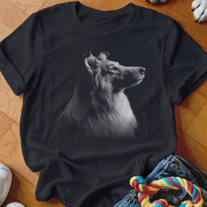 Black t-shirt with a black and white portrait of a collie dog.