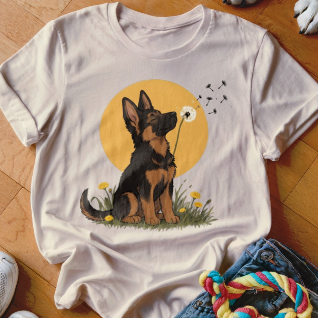 Light-colored t-shirt featuring an illustration of a German Shepherd puppy sniffing a dandelion against a yellow circle.
