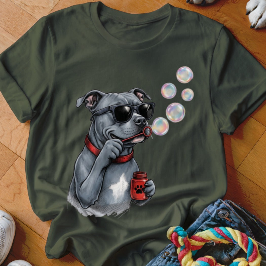 Dark green crewneck t-shirt featuring a graphic of a grey pitbull wearing sunglasses and blowing bubbles.