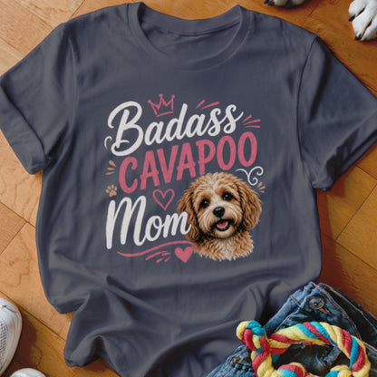 Dark grey t-shirt with "Badass Cavapoo Mom" and a dog illustration.