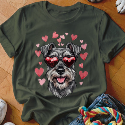 Dark green t-shirt featuring a graphic of a Schnauzer wearing heart-shaped sunglasses surrounded by pink hearts.