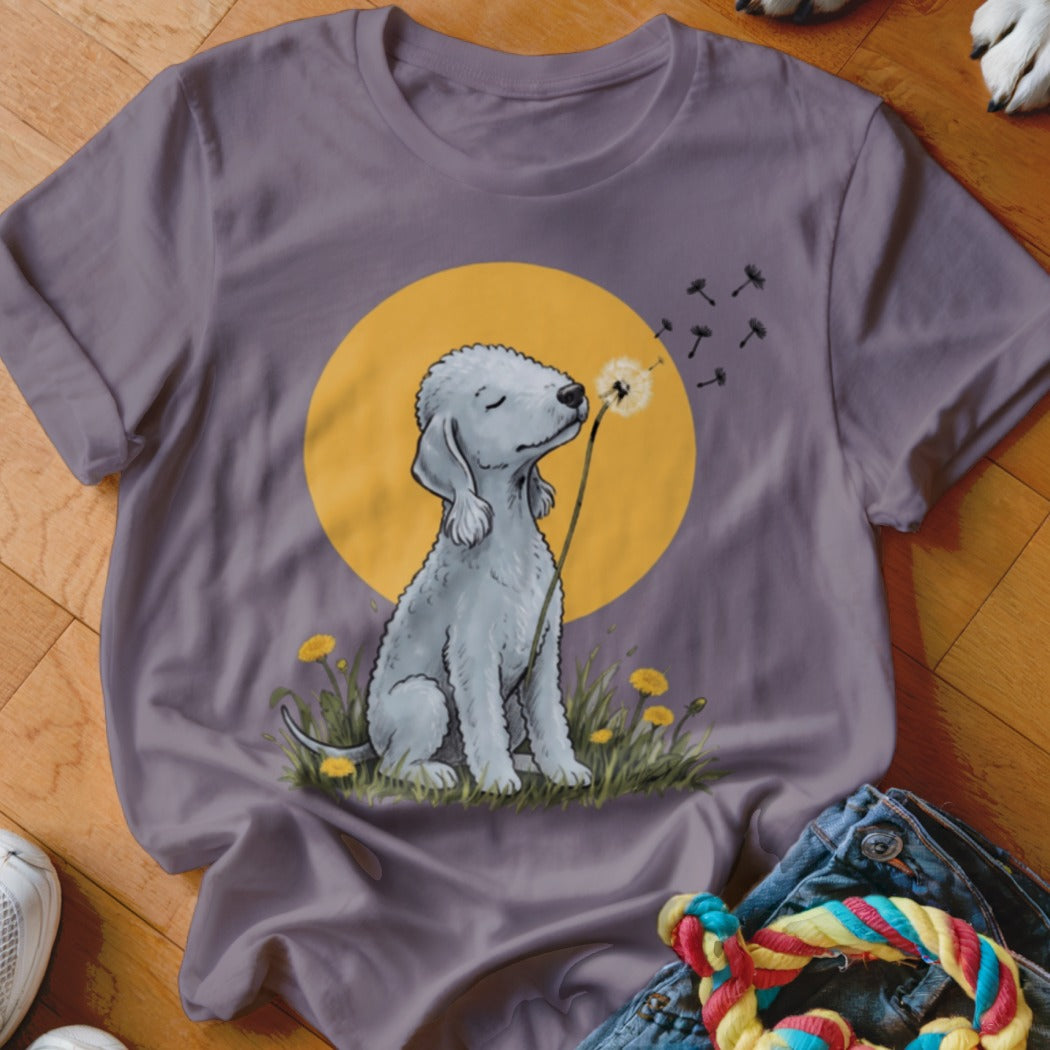 A grey t-shirt featuring an illustration of a fluffy grey dog blowing dandelion seeds against a yellow sun.