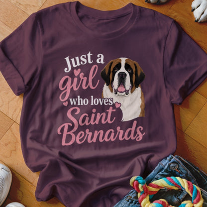 Maroon t-shirt with "Just a girl who loves Saint Bernards" text and dog illustration.