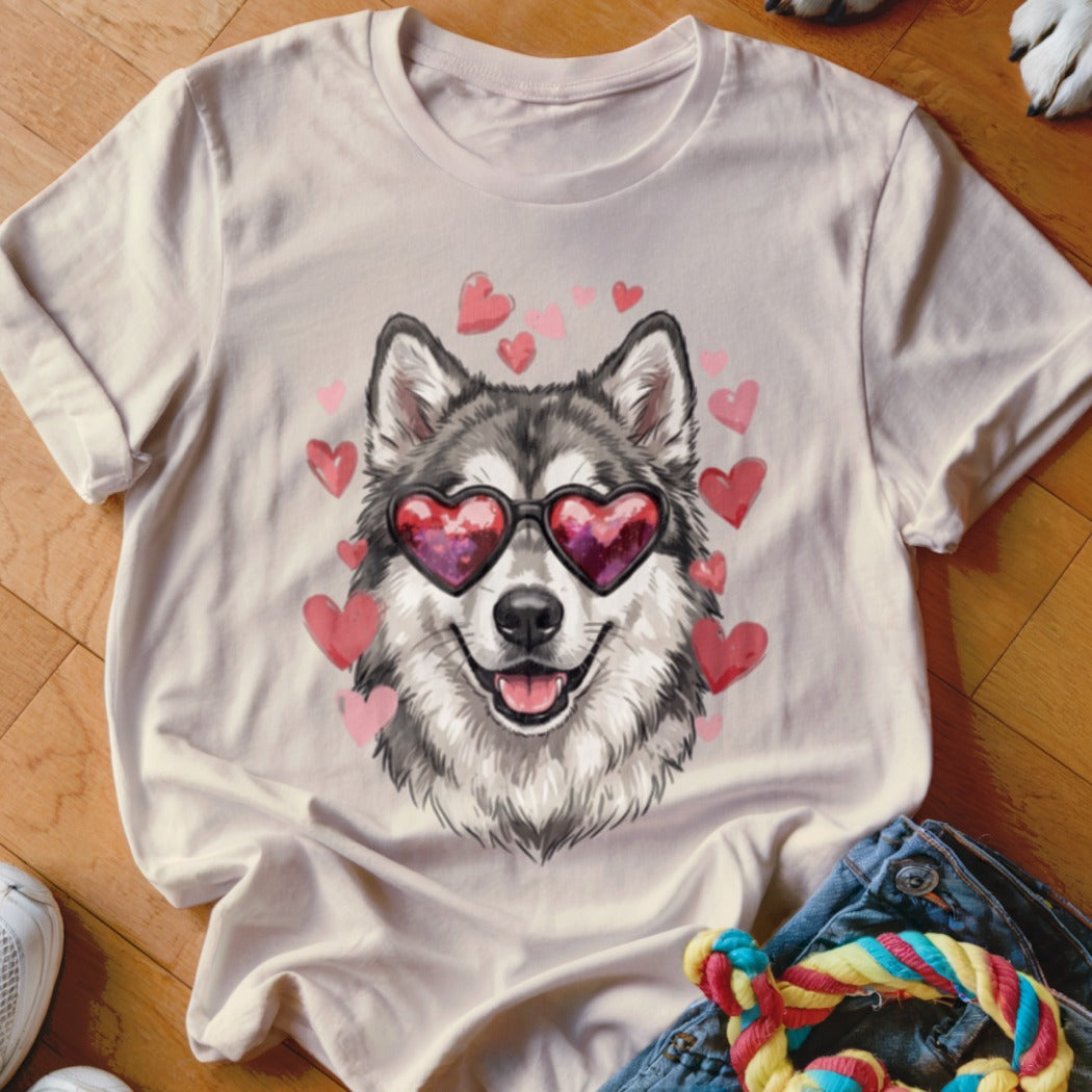 Light beige crewneck t-shirt featuring a husky wearing heart-shaped sunglasses surrounded by pink hearts.