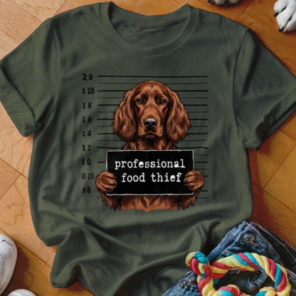 Brown dog in mugshot holding "professional food thief" sign with height markers.