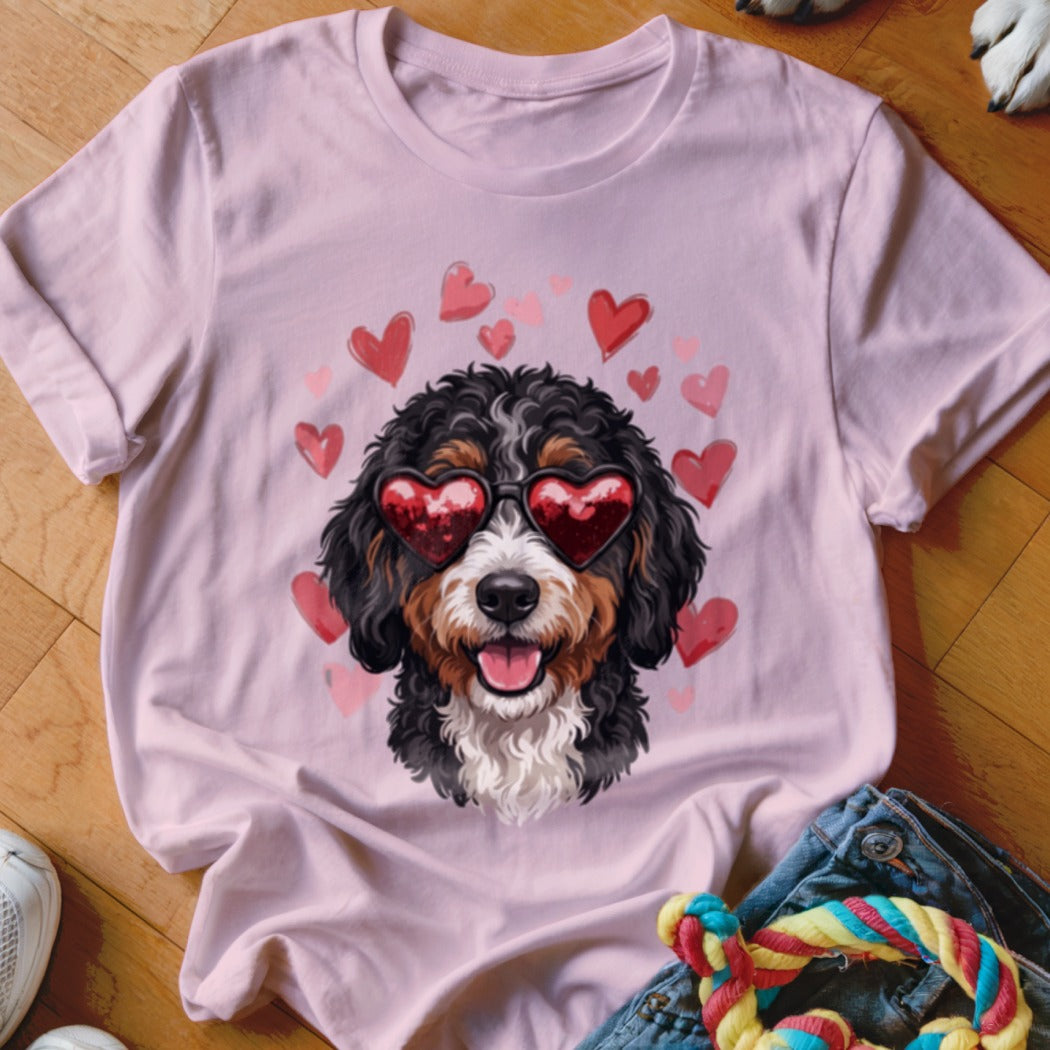 A light pink t-shirt featuring a Bernedoodle dog wearing heart-shaped sunglasses surrounded by floating hearts.