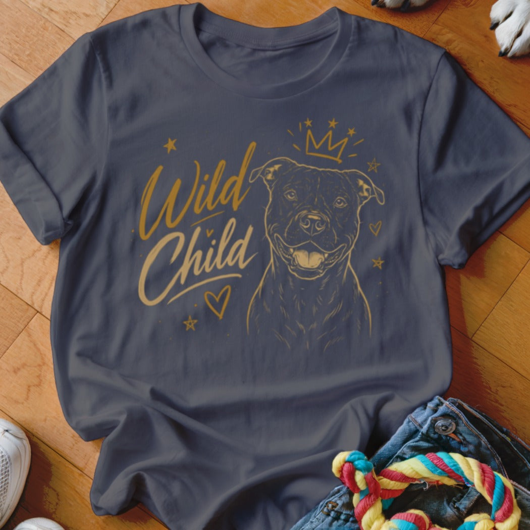 Dark gray t-shirt with "Wild Child" text and a pitbull dog wearing a crown.