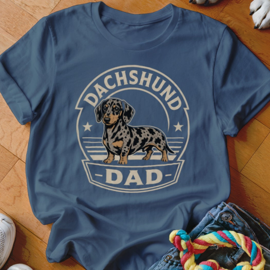 Dachshund Dad graphic on a blue t-shirt with a dapple dachshund.