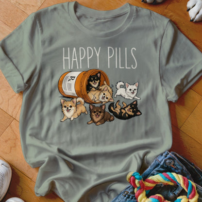T-shirt with "HAPPY PILLS" text and cartoon Chihuahuas spilling from a pill bottle.