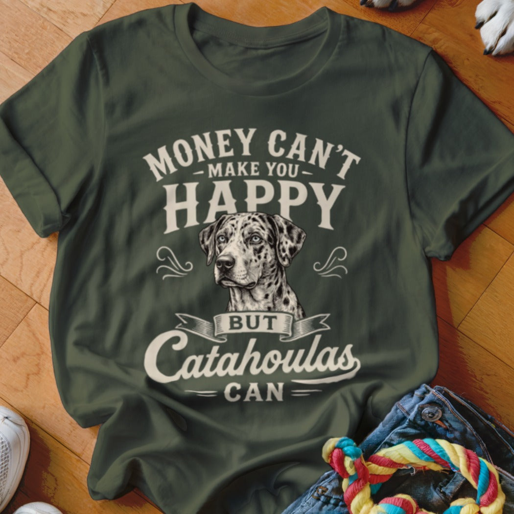 Green t-shirt with Catahoula dog graphic and text "Money Can't Make You Happy But Catahoulas Can."