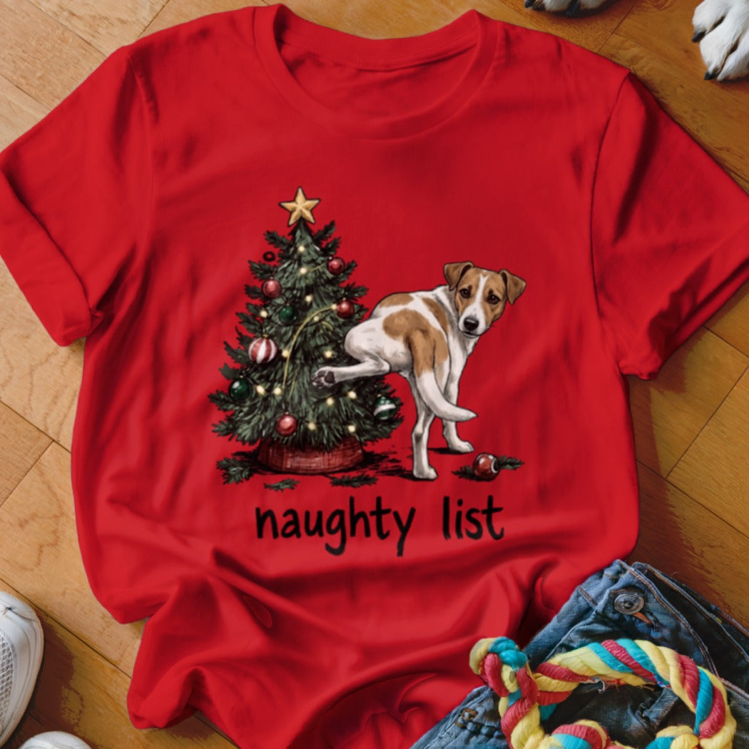 Red t-shirt with a Christmas tree and a dog lifting its leg with the words "naughty list".