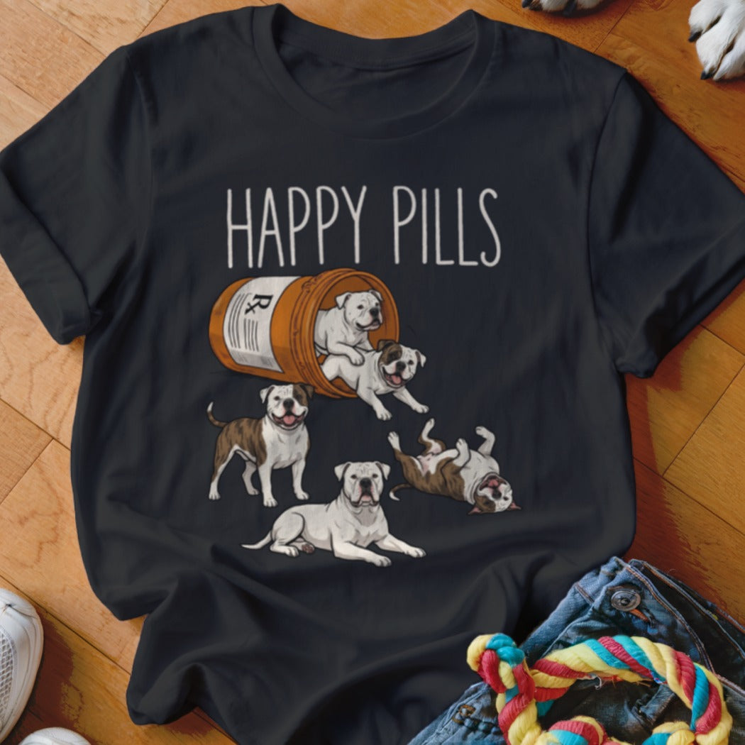 Black t-shirt with "Happy Pills" text and cartoon dogs spilling from a pill bottle.