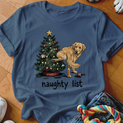 Golden retriever next to Christmas tree with "naughty list" text.