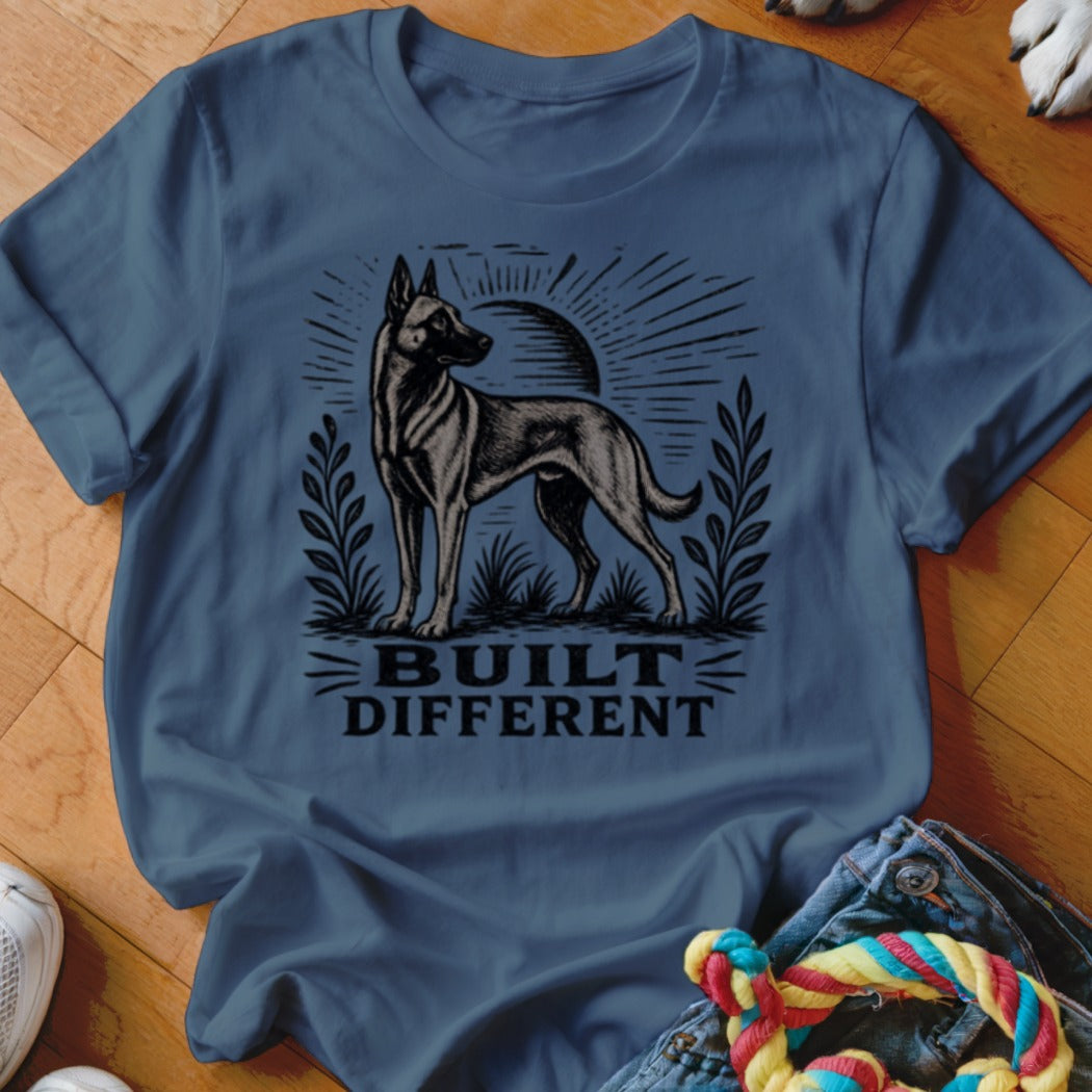 T-shirt with dog art and text "BUILT DIFFERENT".